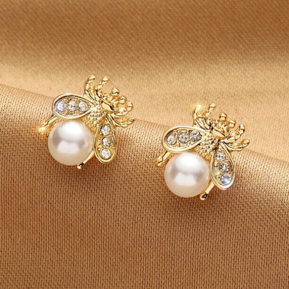Gold Bee Diamond Crystal Pearl Bee Stud Earrings Women's Party Gift